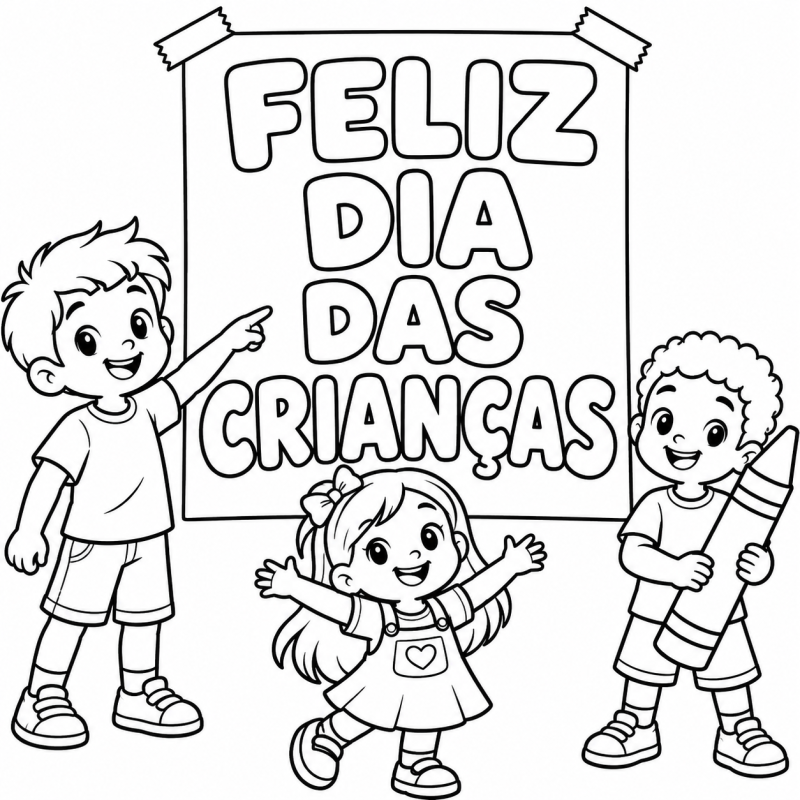 Três crianças diante de mural Feliz Dia das Crianças