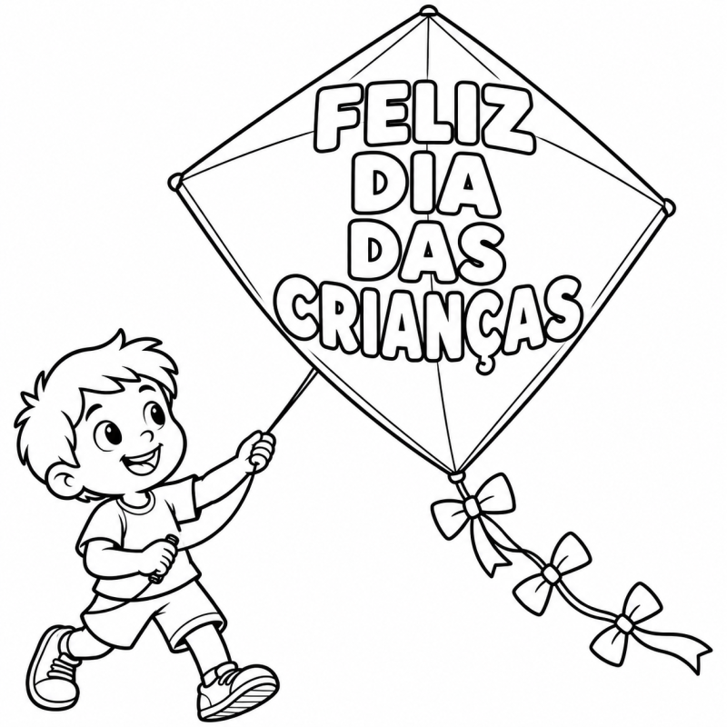Menino empinando pipa com frase Feliz Dia das Crianças