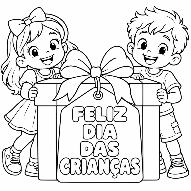 Duas crianças com presente e etiqueta Feliz Dia das Crianças