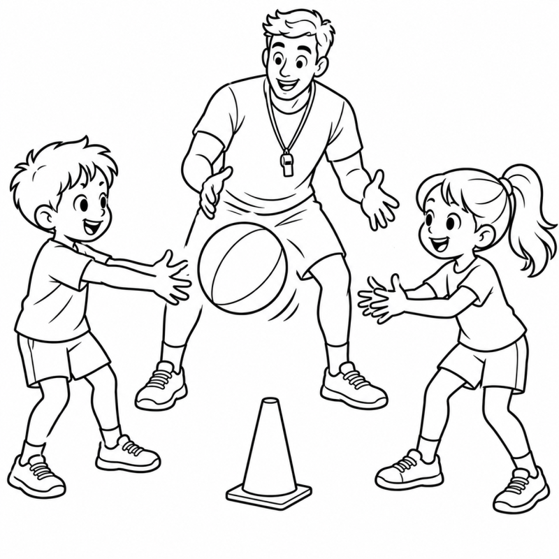 Professor de educação física orientando duas crianças com bola