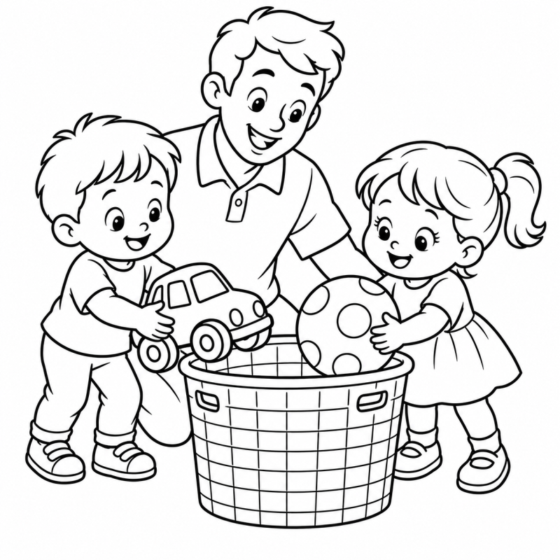 Professor e duas crianças guardando bola e carrinho em cesto