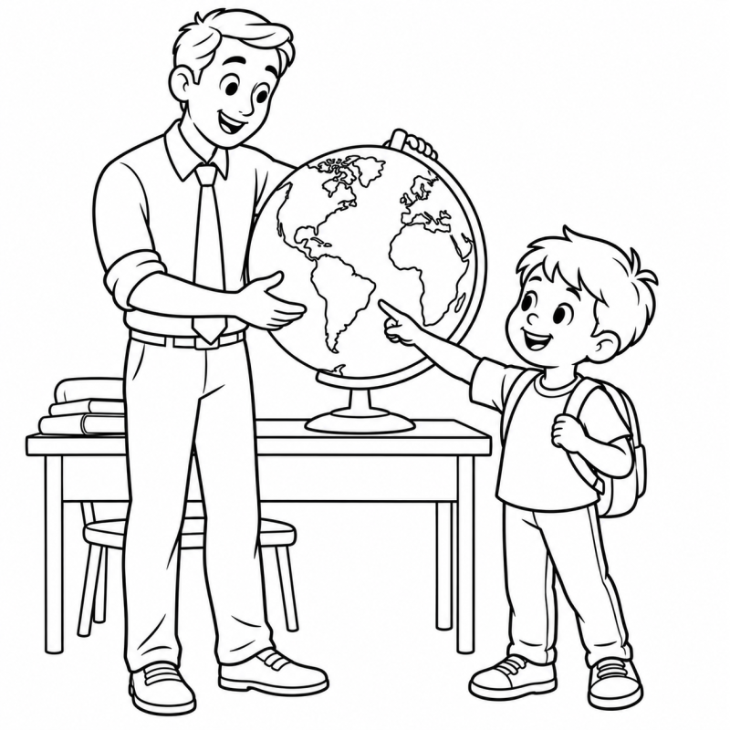 Professor mostrando globo terrestre a um aluno na sala de aula