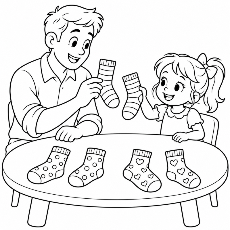 Um professor e uma criança procuram os pares de meias sobre a mesa.