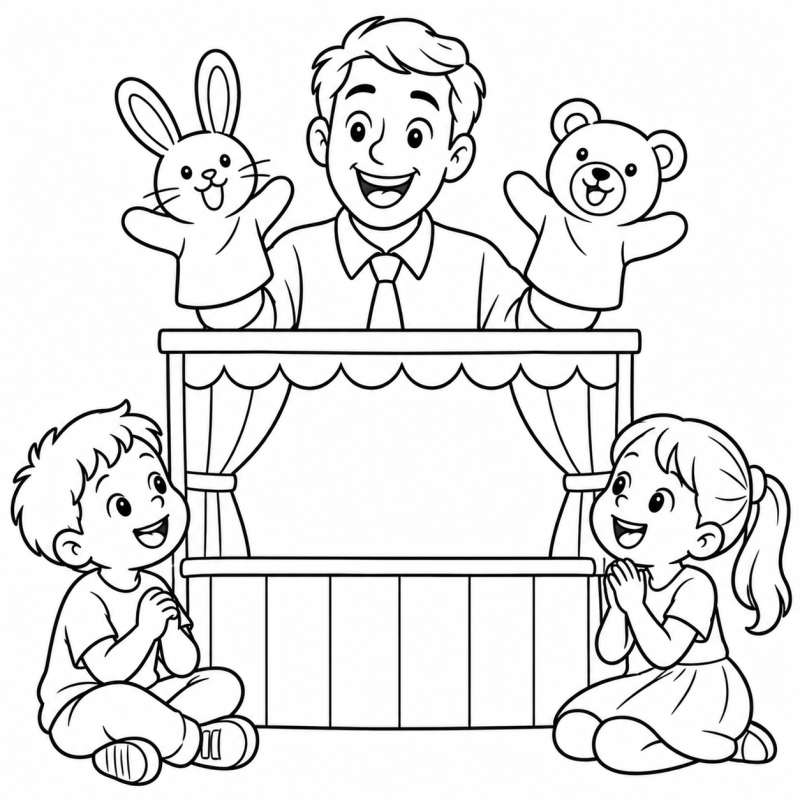 Professor com fantoches de coelho e urso diante de duas crianças