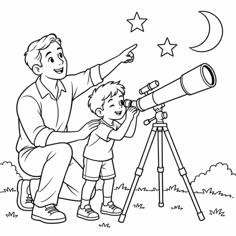 Professor e aluno usando telescópio para observar Lua e estrelas