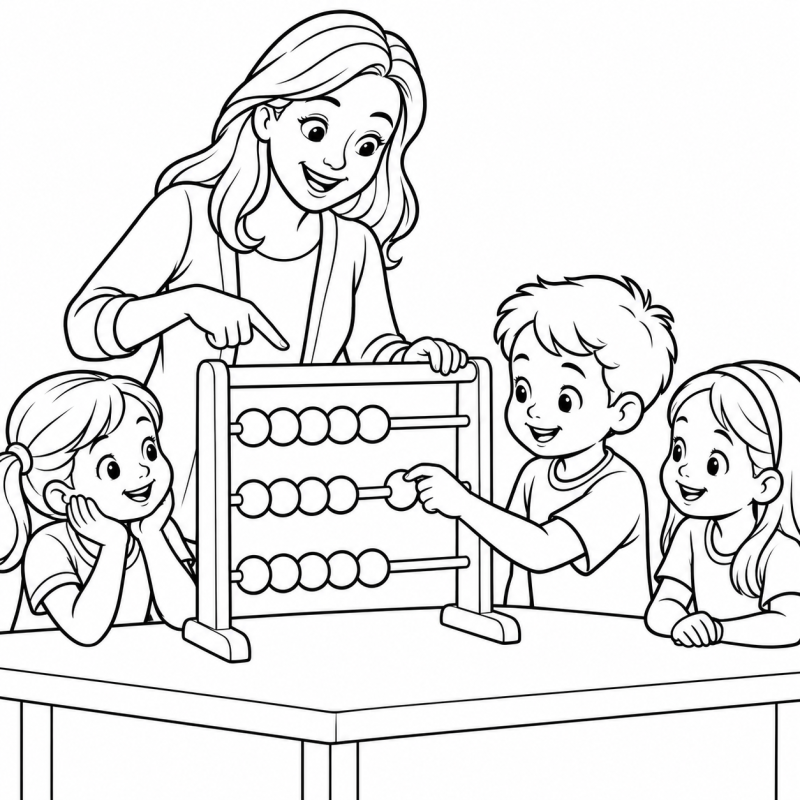 Professora e alunos usando ábaco grande para contar