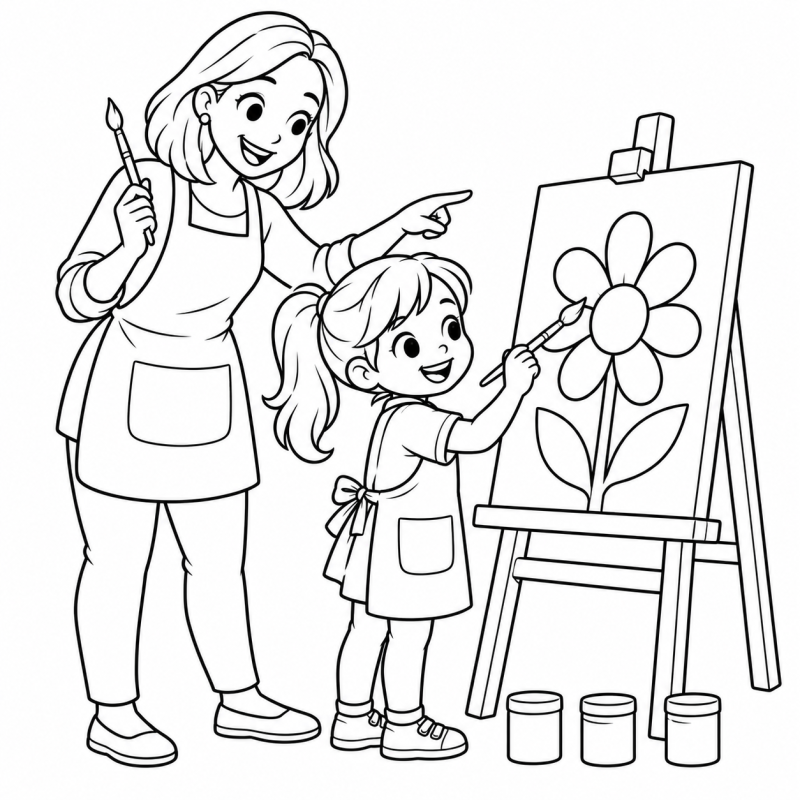 Professora de arte acompanhando criança que pinta uma flor no cavalete