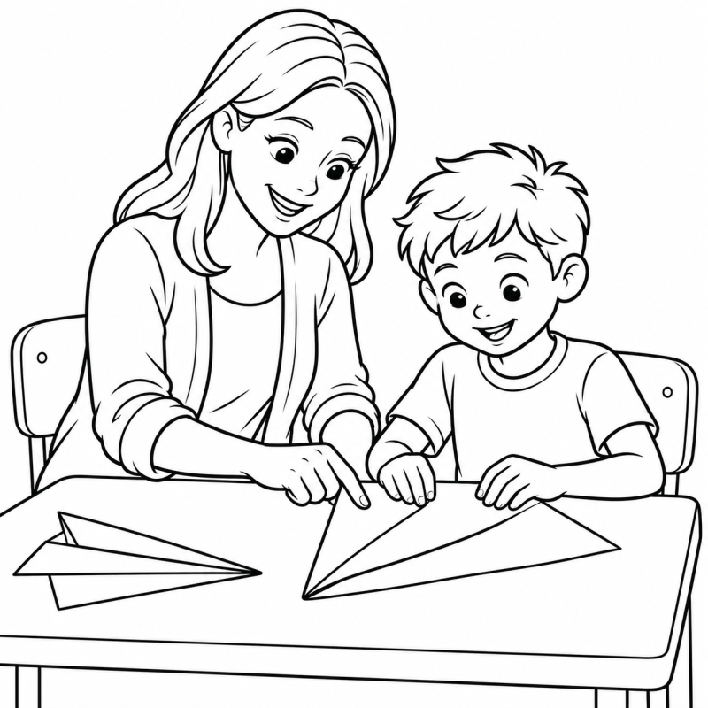 Professora e aluno dobrando avião de papel na mesa