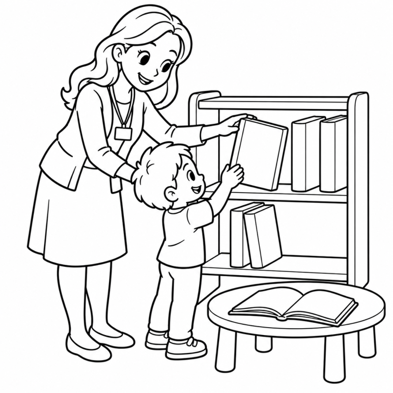 Professora ajudando criança a escolher livro na biblioteca