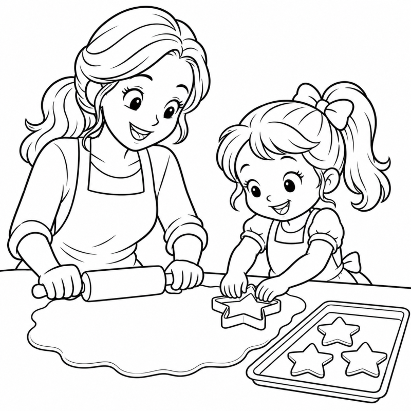 Uma professora e uma criança preparam biscoitos em formato de estrela.
