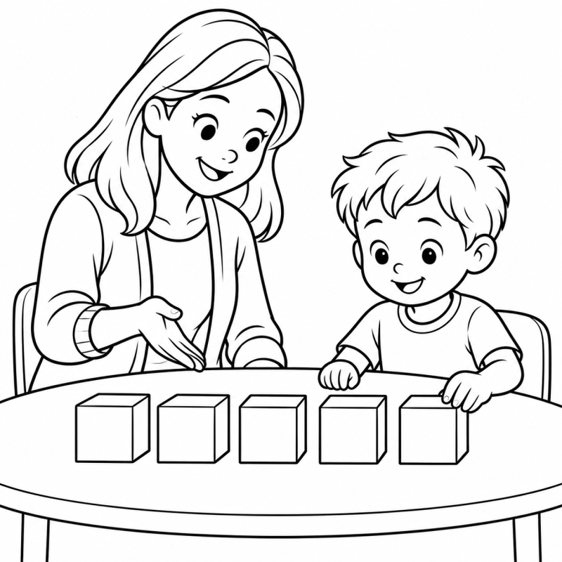 Professora e aluno contando cinco blocos alinhados na mesa