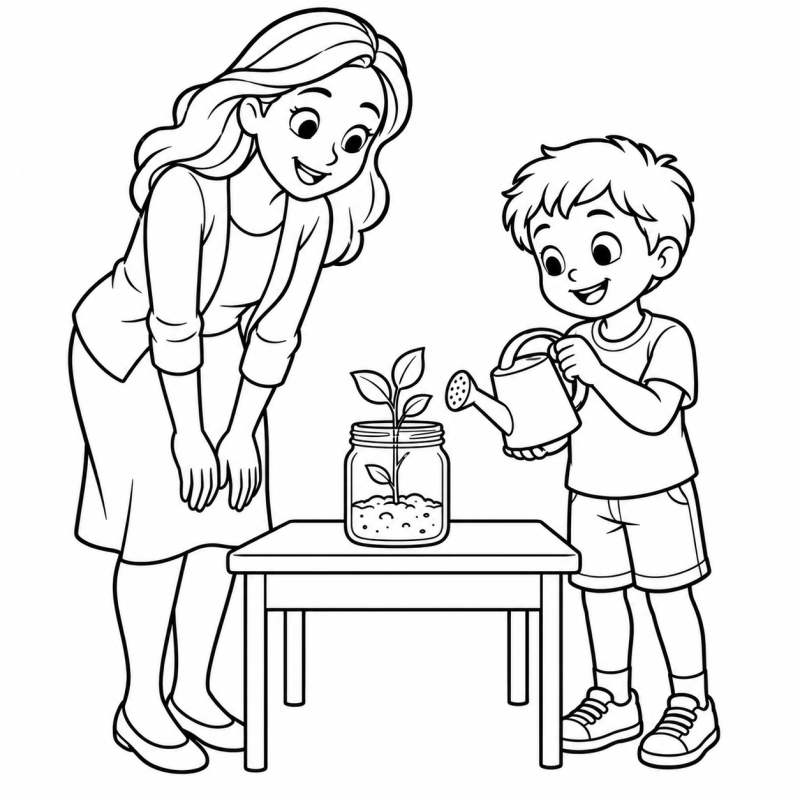 Professora e aluno observando muda de planta em pote transparente
