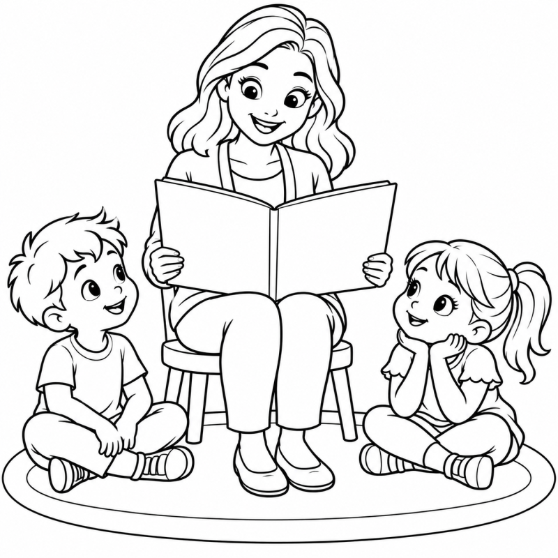 Professora lendo livro para duas crianças sentadas no tapete
