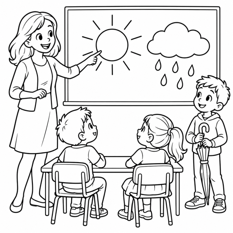 Professora mostrando Sol, nuvem e chuva no quadro para alunos