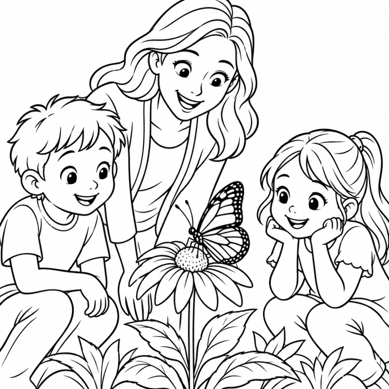 Professora e duas crianças observando borboleta numa flor