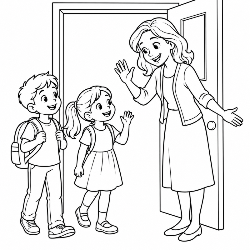 Professora recebendo duas crianças com mochilas na porta da sala