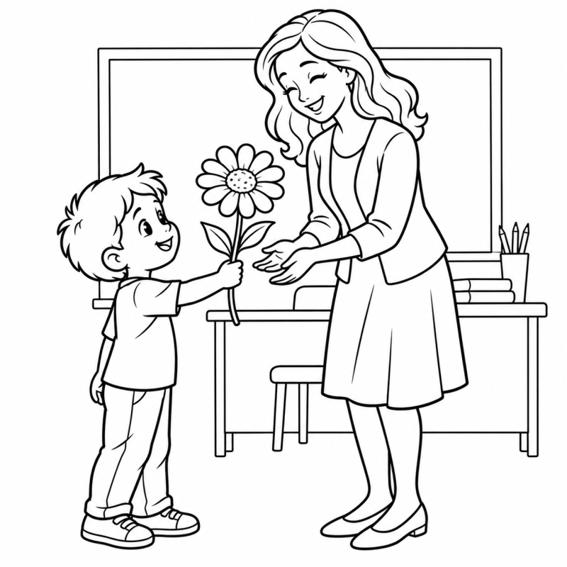 Criança entregando uma flor para a professora na sala de aula