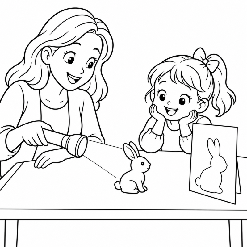 A professora ilumina um coelho de brinquedo com uma lanterna, projetando sua sombra sobre uma tela.