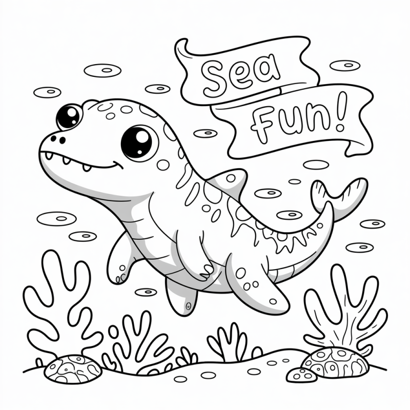 Dinossauro marinho cartunesco com bandeirolas Sea Fun