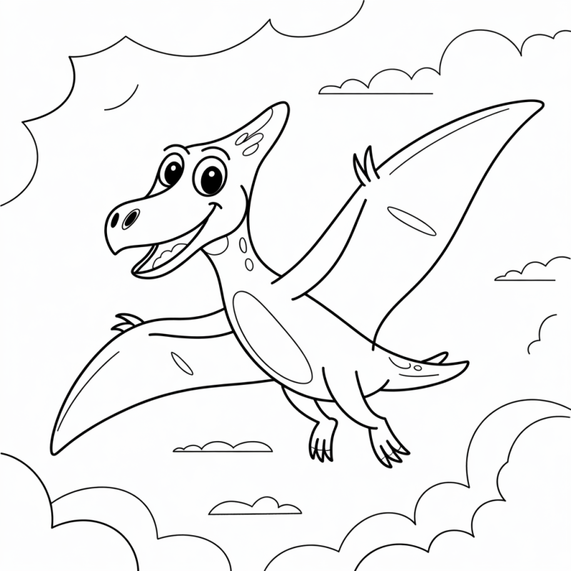Desenho de pterodáctilo amigável voando em um céu nublado para colorir