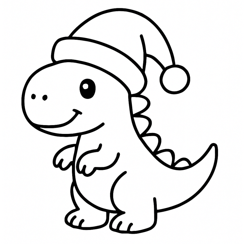 Desenho de dinossauro em estilo cartoon usando gorro de Natal para colorir