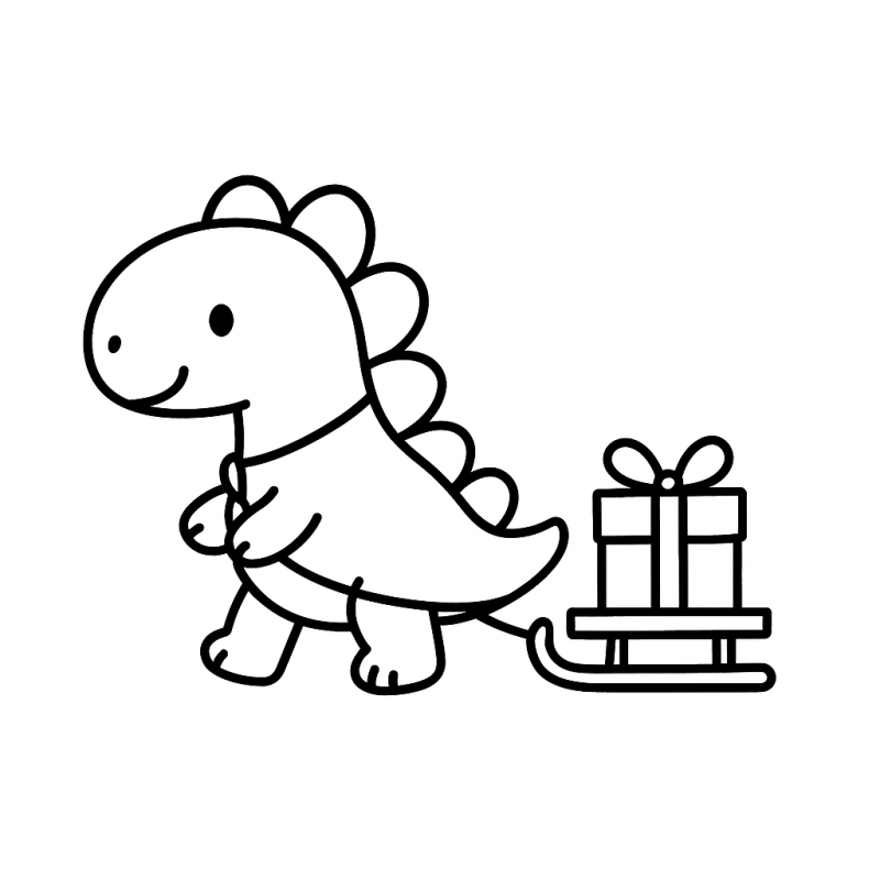 Dinossauro amigável puxando um trenó com presentes para colorir