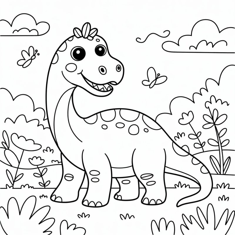 Desenho de dinossauro sorridente em cenário natural para colorir