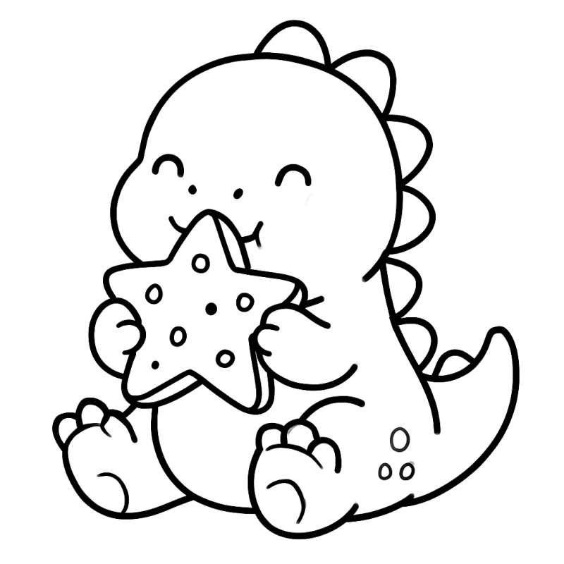 Desenho de um dinossauro bebê fofo com uma estrela sorridente para colorir