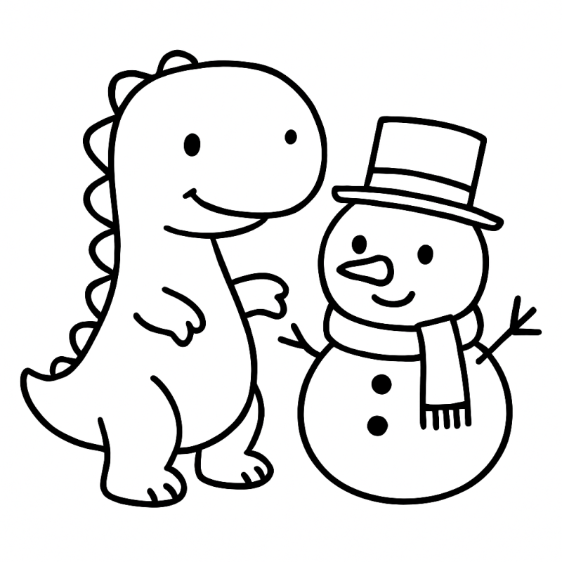 Desenho de dinossauro amigável e boneco de neve para colorir
