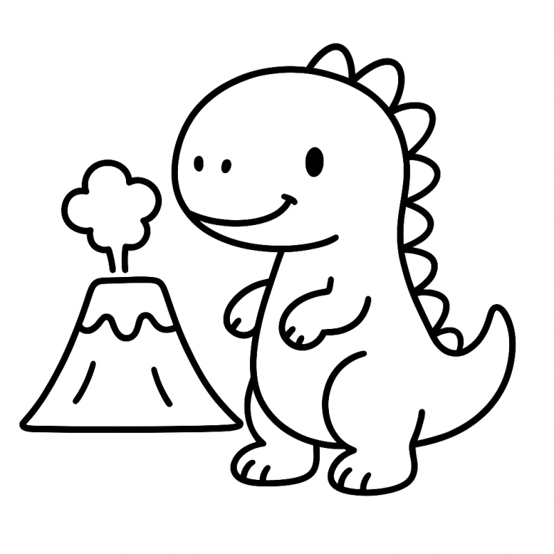 Desenho de Dinossauro e Vulcão para Colorir, Estilo Amigável e Divertido