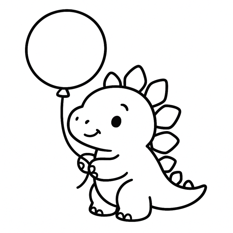 Desenho de um dinossauro fofo segurando um balão, ideal para colorir