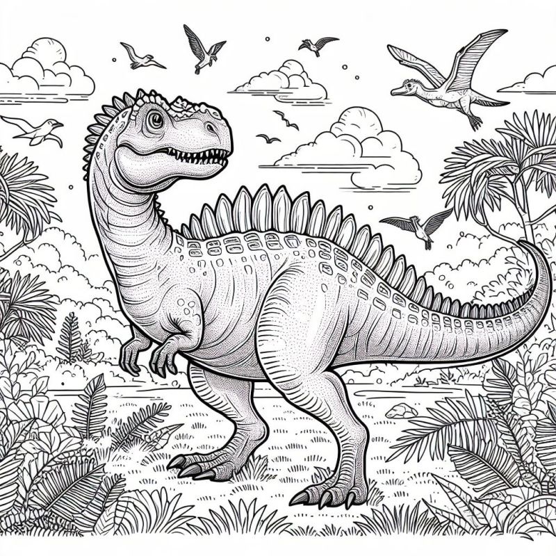 Desenho detalhado e realista de dinossauro para colorir com paisagem pré-histórica