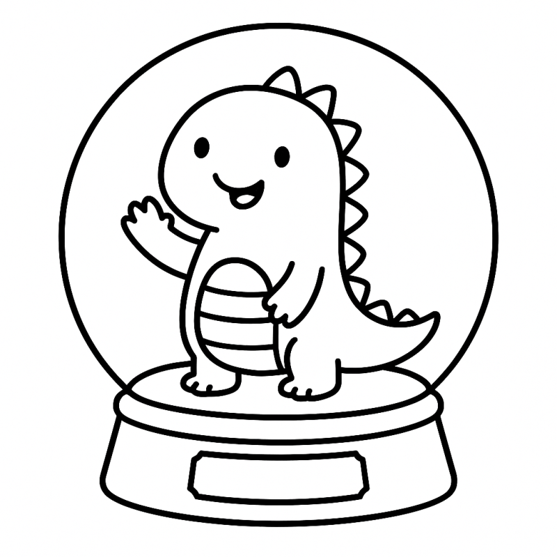 Desenho de um dinossauro amigável em estilo cartoon dentro de uma bola de neve, perfeito para colorir.