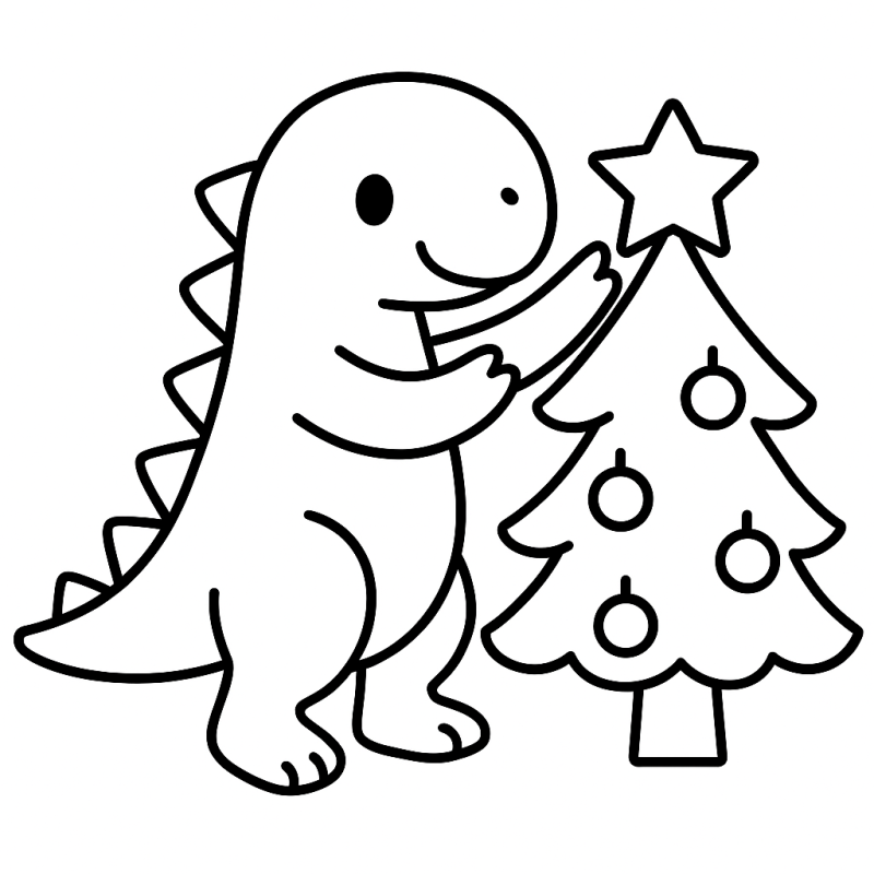 Desenho de dinossauro sorridente decorando árvore de Natal para colorir
