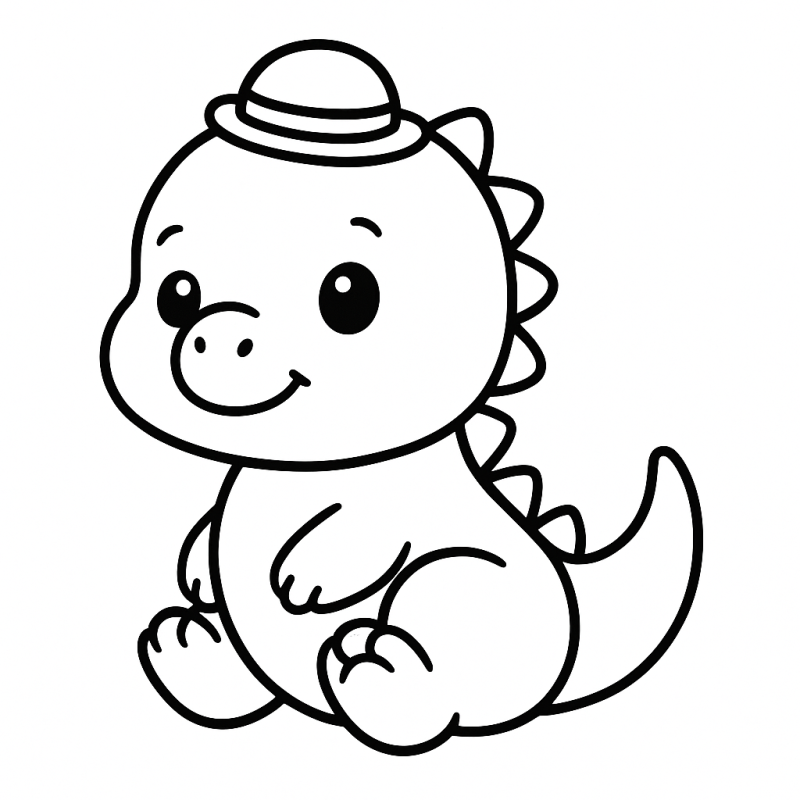 Dinossauro fofinho com chapéu para colorir, sentado em posição divertida e amigável.