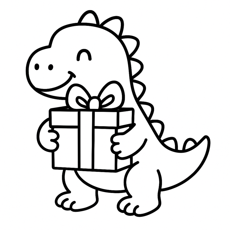 Desenho de dinossauro sorridente segurando presente para colorir