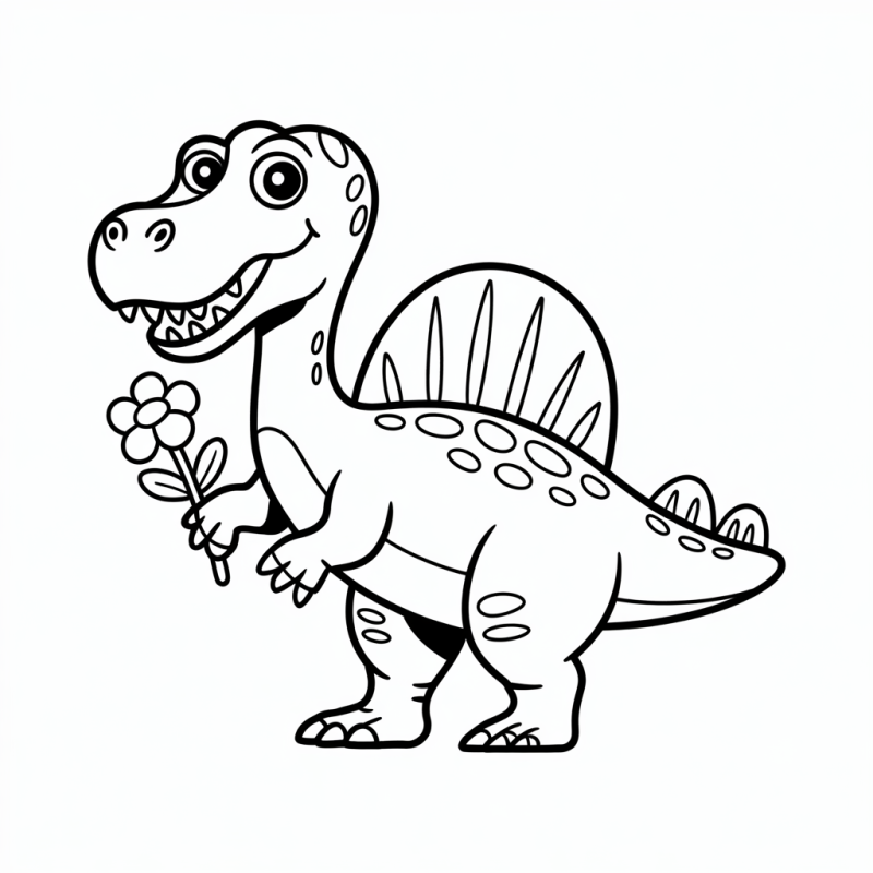 Desenho de dinossauro cartoon feliz segurando flor