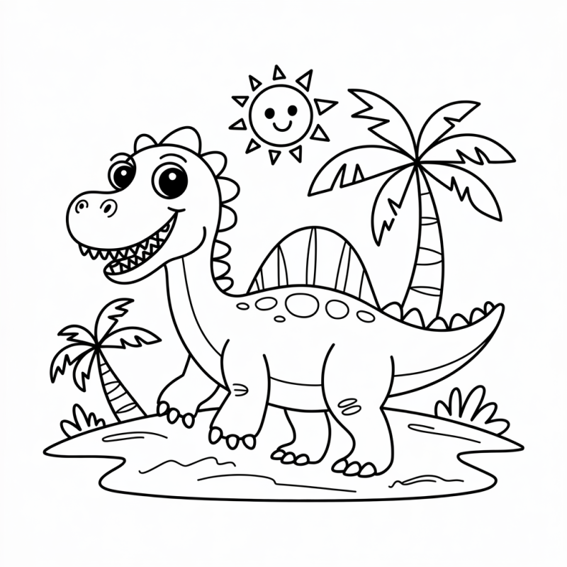Desenho de dinossauro sorridente em um ambiente pré-histórico