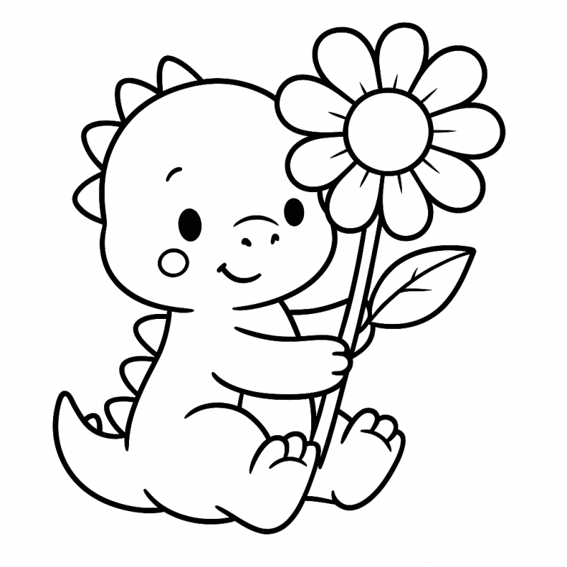 Desenho de um dinossauro fofo com flor para colorir