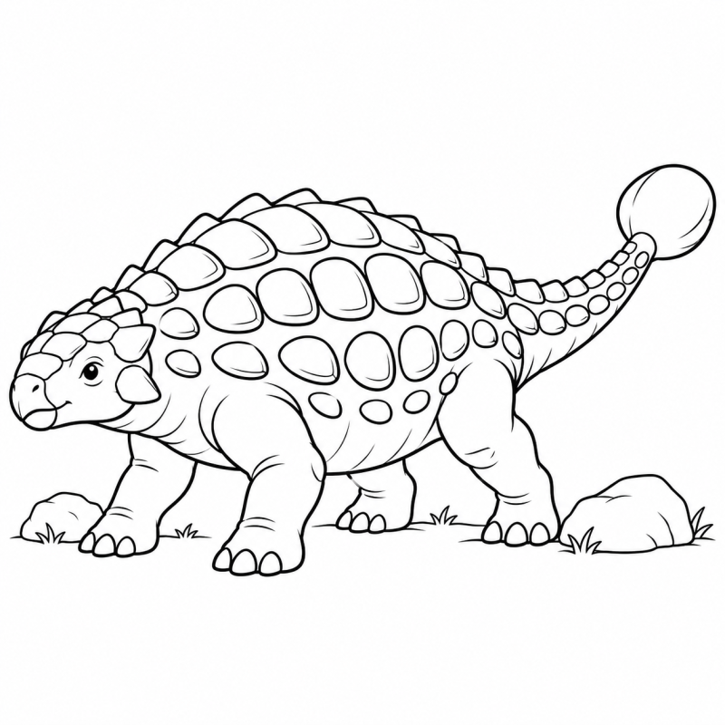 Desenho para colorir de um anquilossauro com placas nas costas e cauda larga na ponta, entre pedras