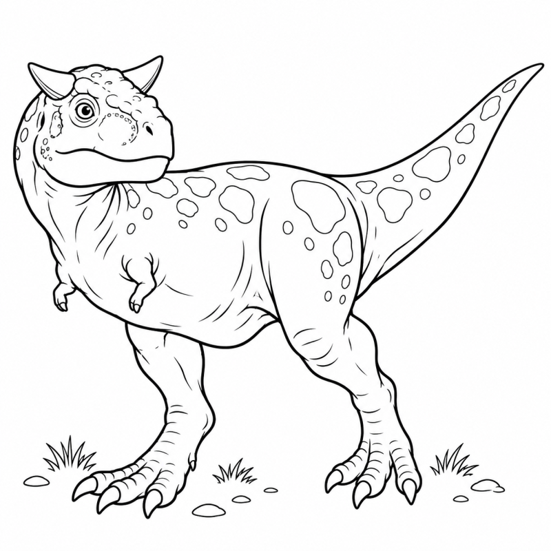 Desenho para colorir de um carnotauro caminhando, com dois chifres acima dos olhos e braços curtos