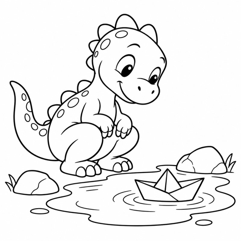 Desenho para colorir de dinossauro agachado observando um barquinho de papel em uma poça