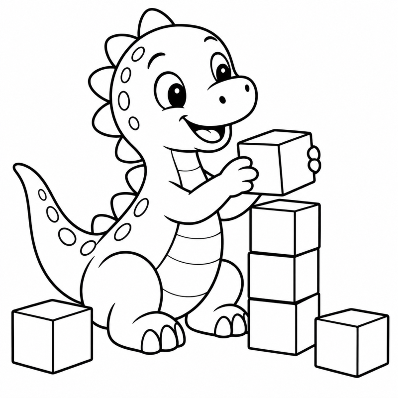 Desenho para colorir de dinossauro empilhando blocos de brinquedo em uma torre