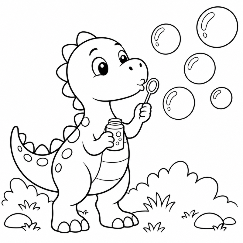 Desenho para colorir de dinossauro soprando bolhas de sabão com aro e potinho