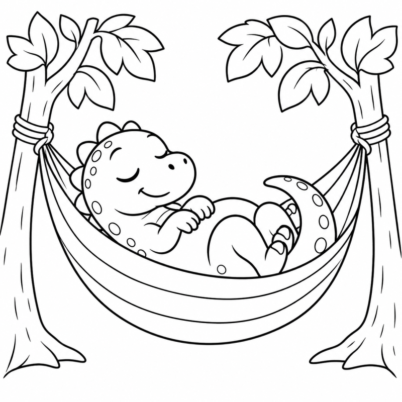 Desenho para colorir de dinossauro de olhos fechados descansando em uma rede entre dois troncos