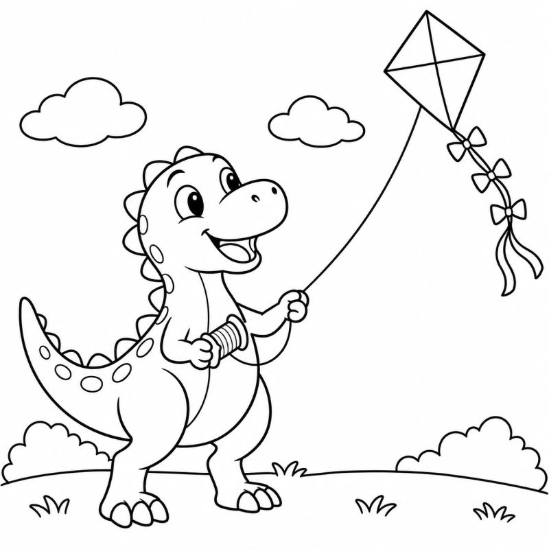 Desenho para colorir de dinossauro segurando a linha de uma pipa com cauda de laços