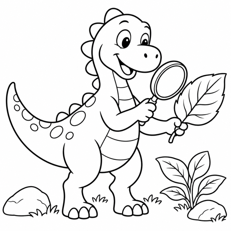 Desenho para colorir de dinossauro examinando uma folha grande com uma lupa