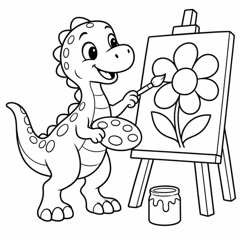Desenho para colorir de dinossauro com pincel e paleta pintando uma flor em um cavalete