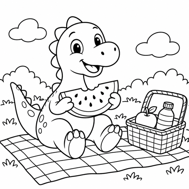 Desenho para colorir de dinossauro sentado em uma toalha de piquenique segurando uma fatia de melancia