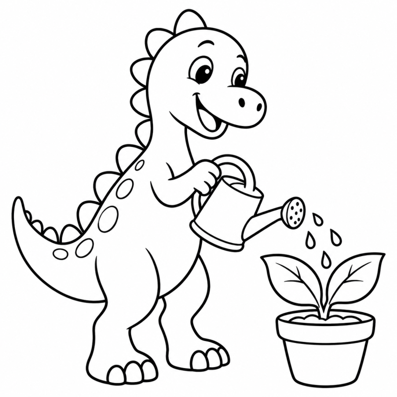 Desenho para colorir de dinossauro usando um regador para molhar uma muda em um vaso